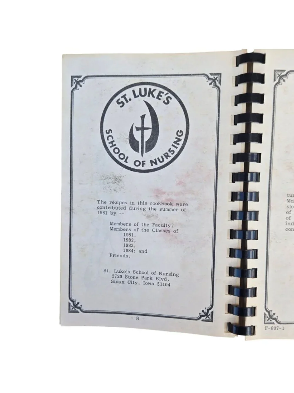 St Lukes School Of Nursing Cookbook Recipe Book Sioux City Iowa 1980s AS IS